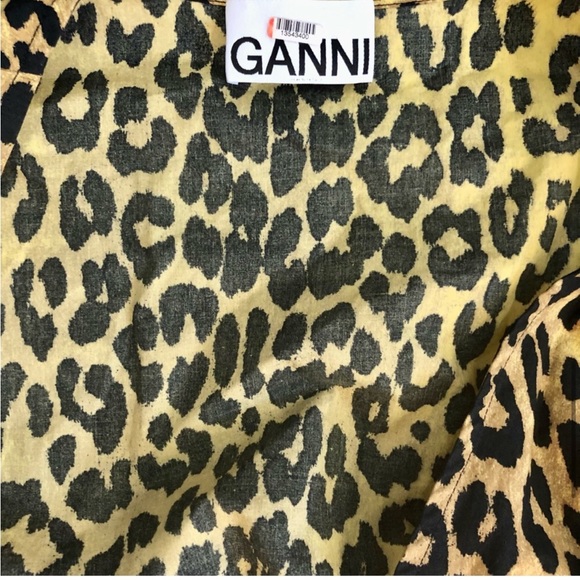 GANNI Yellow Gold Cheetah Midi Wrap Dress US 6 (sz 38) Animal Print Puffy Sleeve - Picture 8 of 10